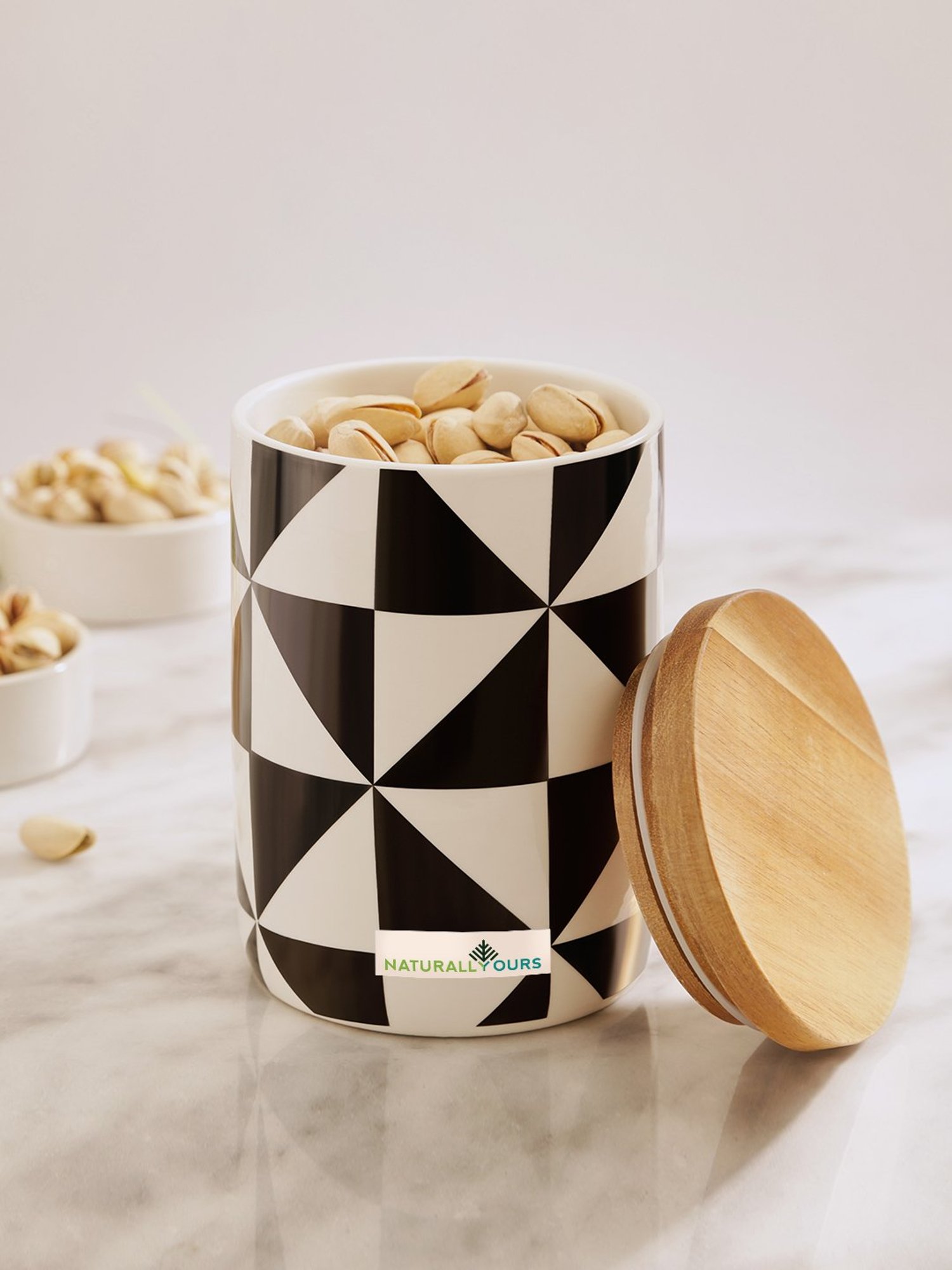 NATURALLYOURS Black & White Porcelain Jars With Wooden Lid - 860 ml