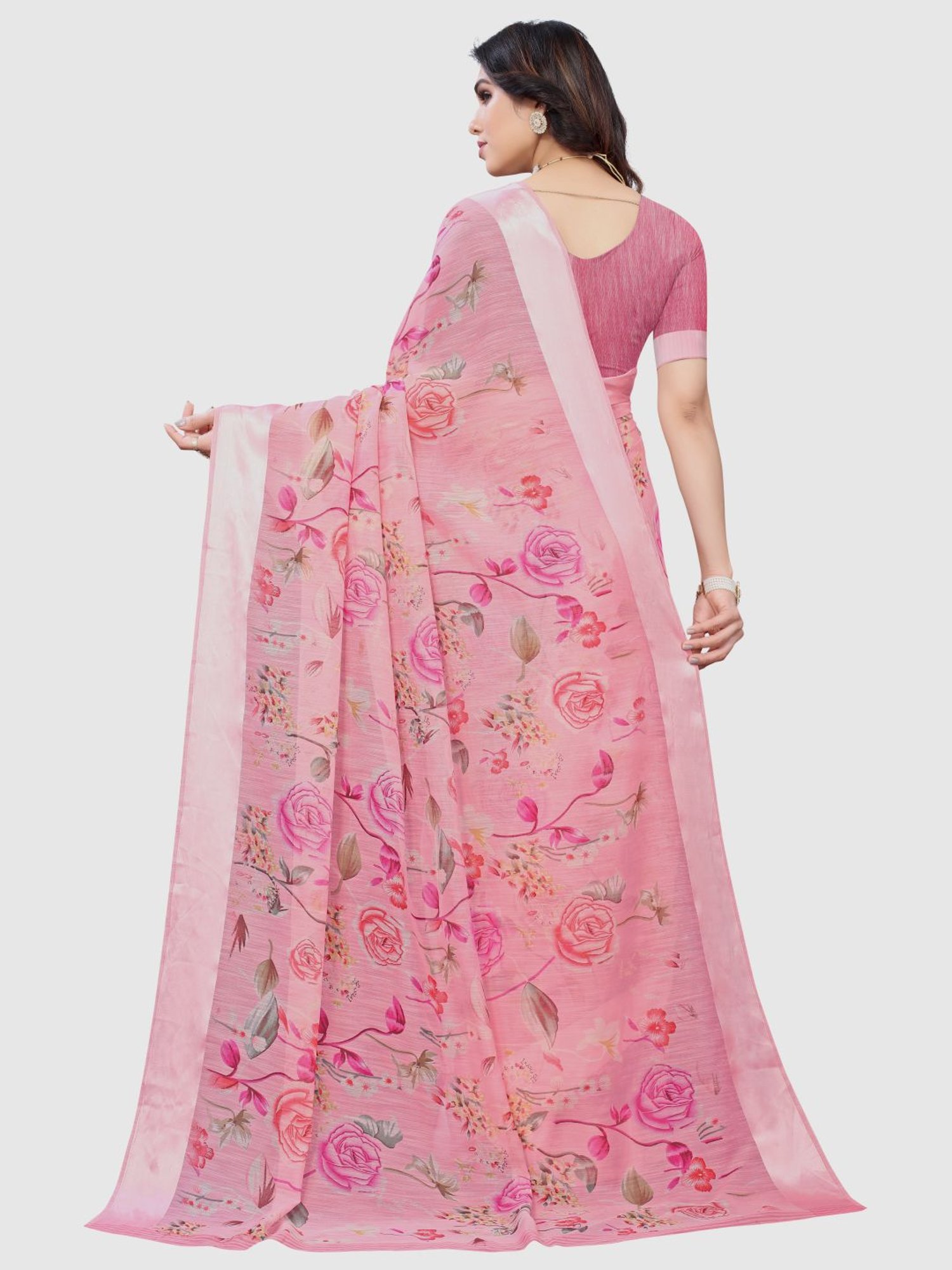 KSUT Pink Floral Print Saree With Unstitched Blouse