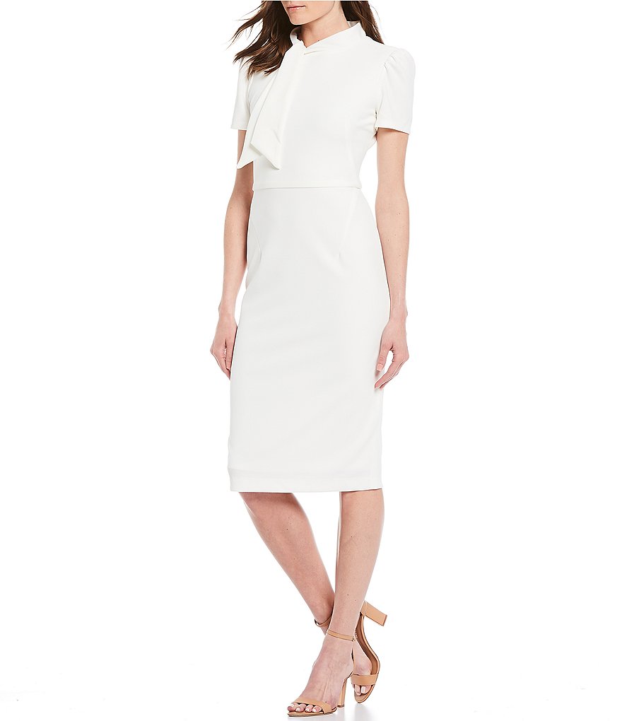 Maggy London Petite Size Tie Neck Puff Sleeve Stretch Crepe Sheath Dress