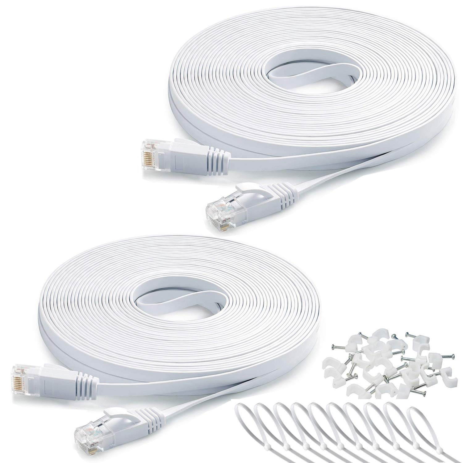 2 PACK Ethernet Cable 50ft DAYEDZ Cat 6 LAN Cable Ethernet Cord Slim Long Flat Computer Internet Patch Cord Wire With clips & Rj45 Connectors for Router Faster than Cat5e/Cat5 50 feet 2 pack white