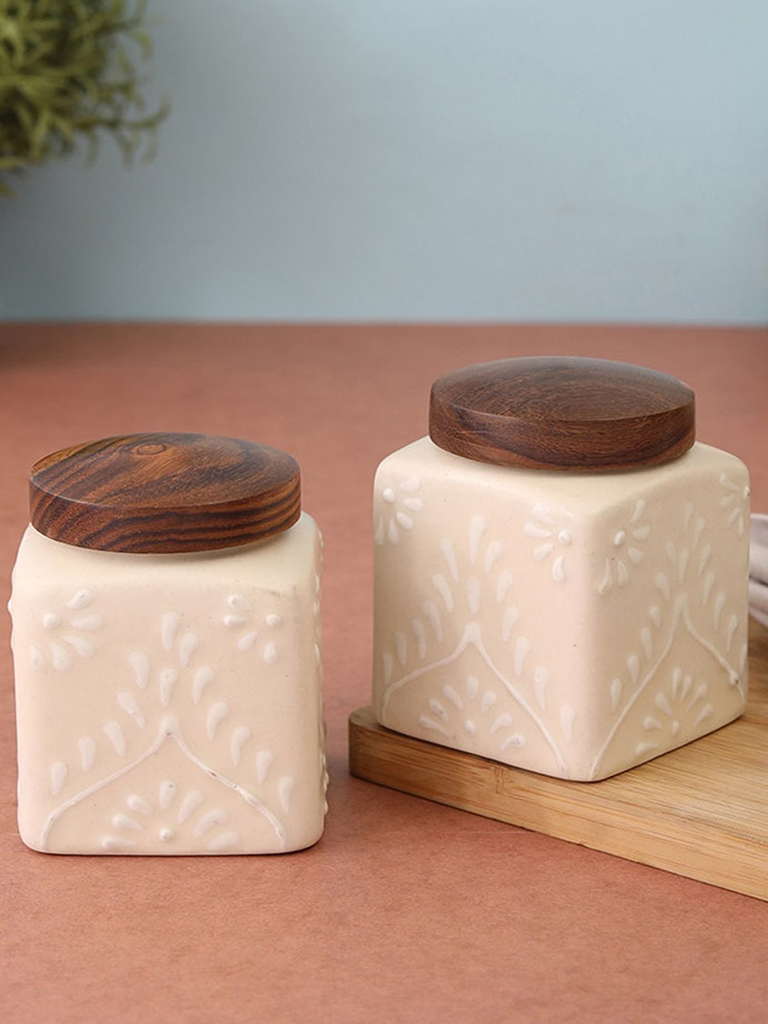 VarEesha White Ceramic Air Tight Square Jars - Set of 2