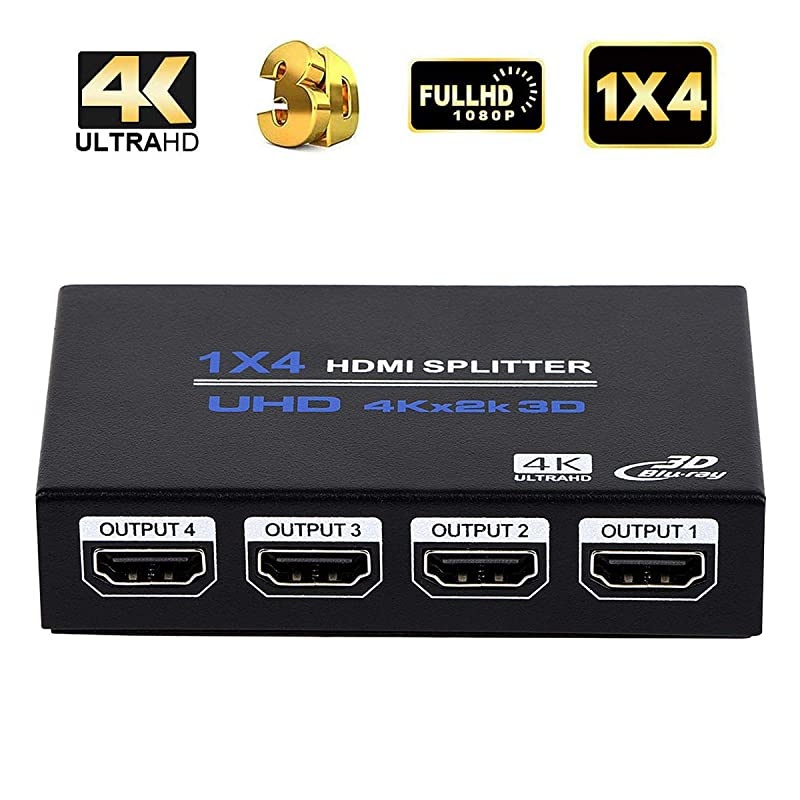 HDMI Splitter, 1 in 4 Out HDMI Splitter Audio Video Distributor Box Support 3D & 4K x 2K Compatible for HDTV, STB, DVD, PS3, Projector Etc
