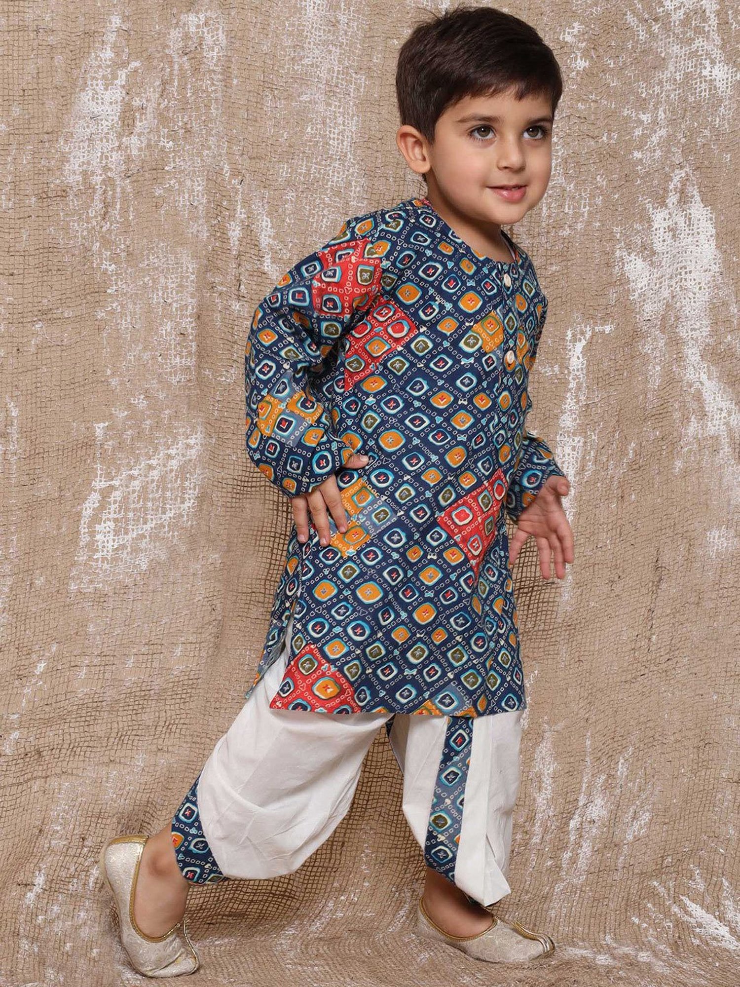 AJ Dezines Kids Navy & White Printed Full Sleeves Kurta with Dhoti