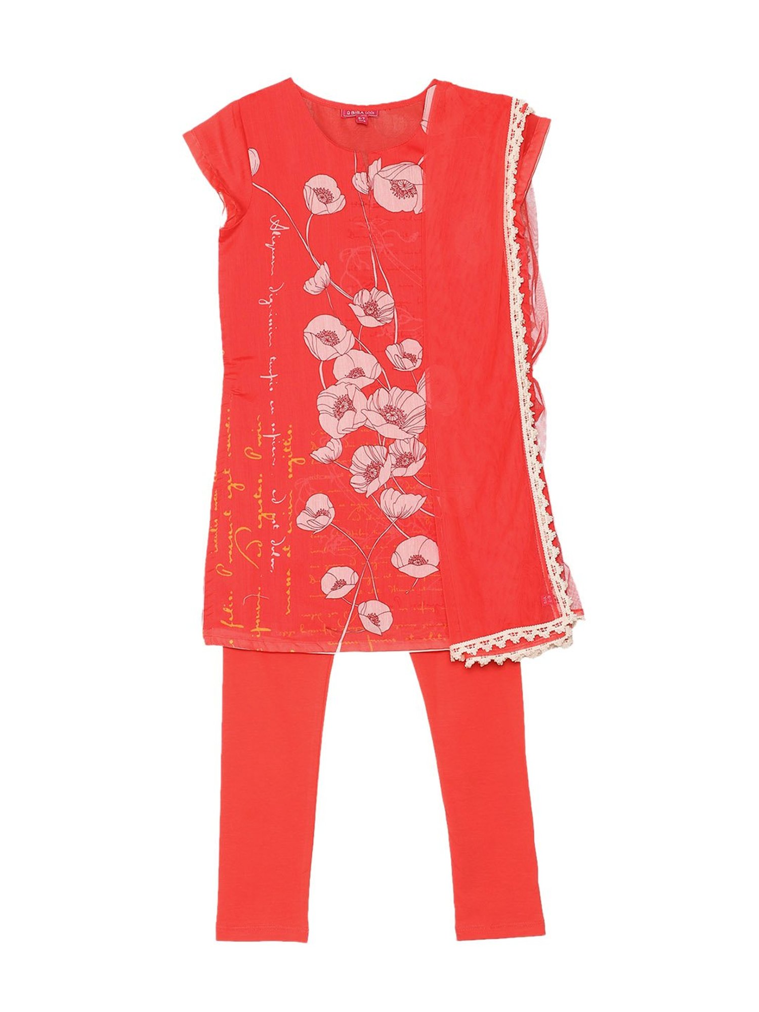 BIBA Girls Red Printed Kurta, Leggings with Duppatta