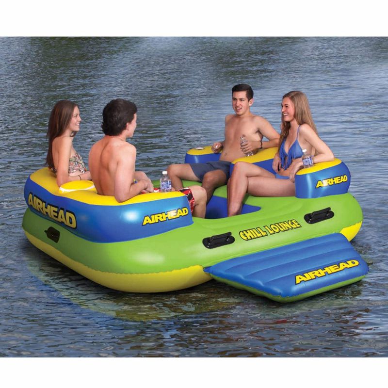 Airehead Chill Lounge 4 Person Lake Inflatable Floating Island with Zippered Cooler and Cup Holders for Lakes and Pools, Multicolored