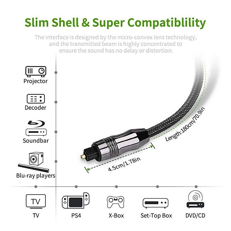 Digital Optical Audio Cable 6ft Toslink Fiber Optic Male to Male Cable for Home Theater Sound Bar TV PS4 Xbox