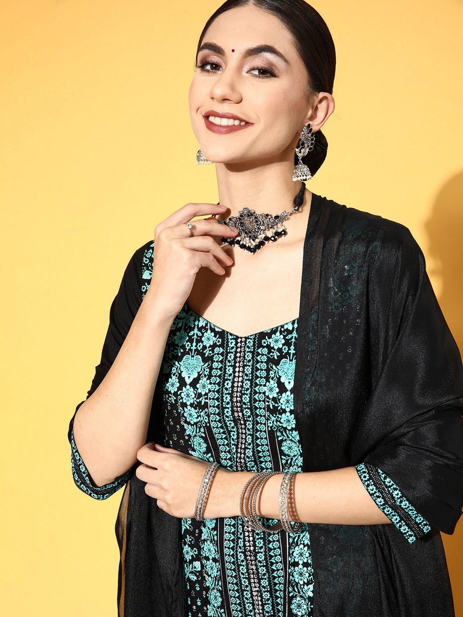 PANIT Black Printed Kurta With Pant & Dupatta Set