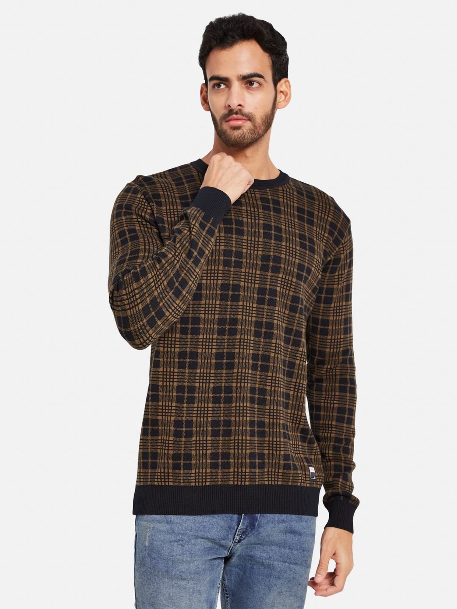 METTLE Brown Cotton Regular Fit Checks Sweater