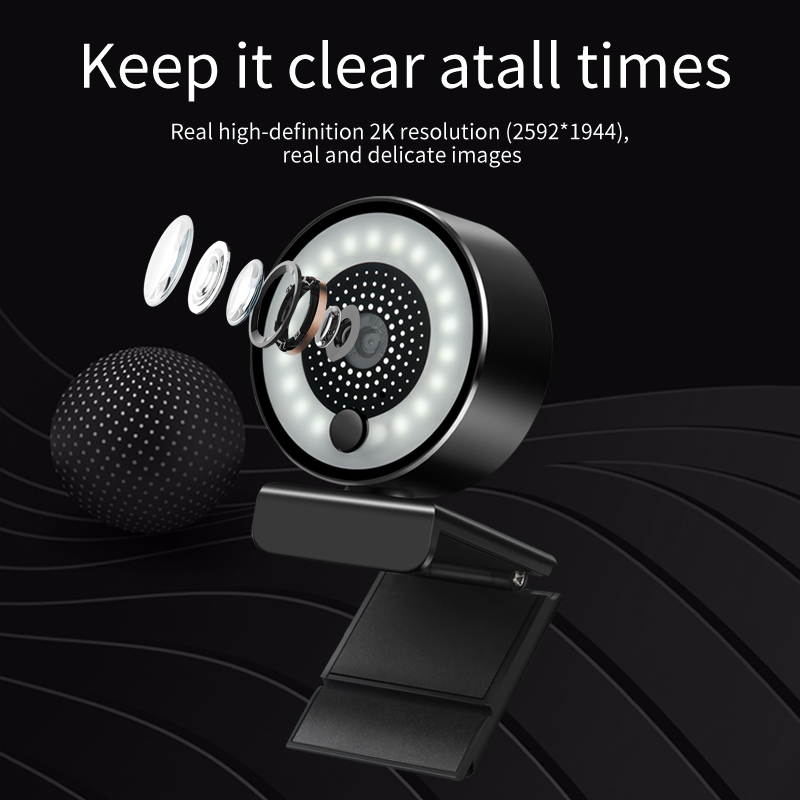 Webcam for PC, 2K HD Web Camera with Microphone and Ring Light, Wide Angle Web Cameras for Skype, Streaming, Teleconference, Video Chat, with Cover and Stand