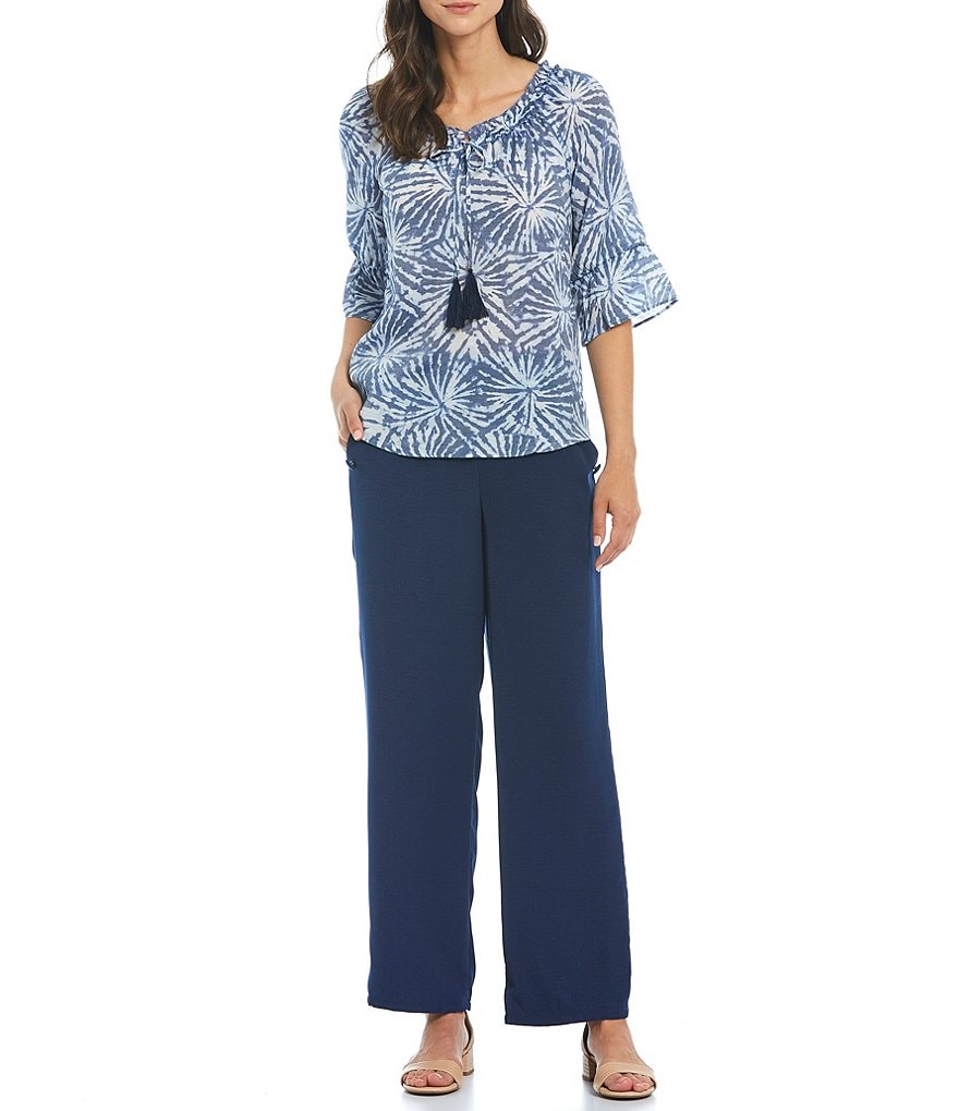 I.N. Studio Sunburst Tie Dye Gauzy Texture Ruffle Tassel-Tie V-Neck Short Sleeve Top