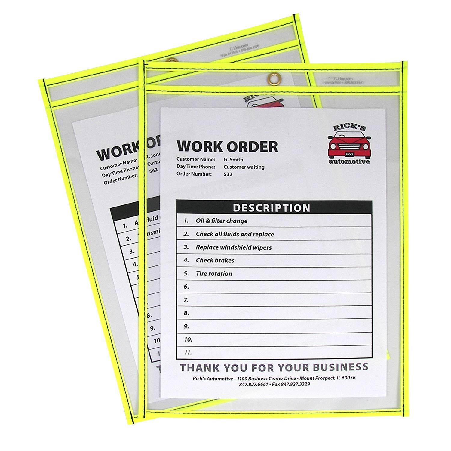 C-Line Neon Stitched Shop Ticket Holders, Yellow, Both Sides Clear, 9 x 12 Inches, 15 per Box (43916)