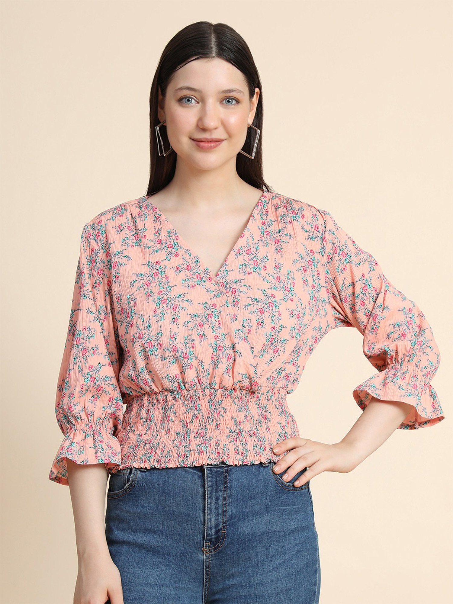KERI PERRY Peach Cotton Floral Print Top