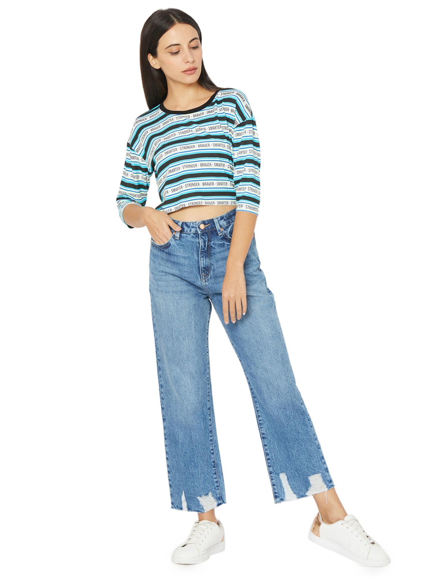 Spykar Turquoise & Black Striped Crop Top