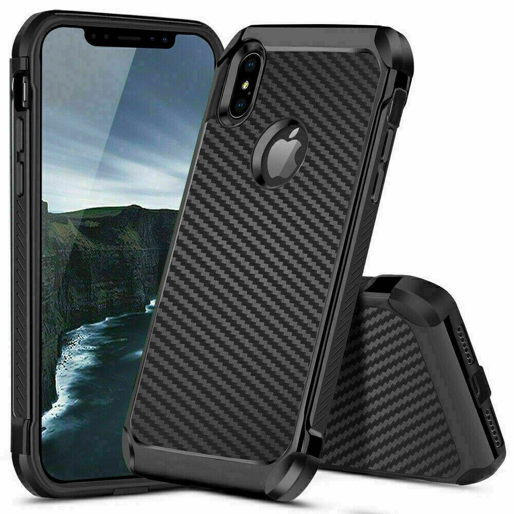For iPhone 12 11/Pro/Max/XS/XR/X/8/7/Plus Carbon Fiber Hard Case+Tempered Glass