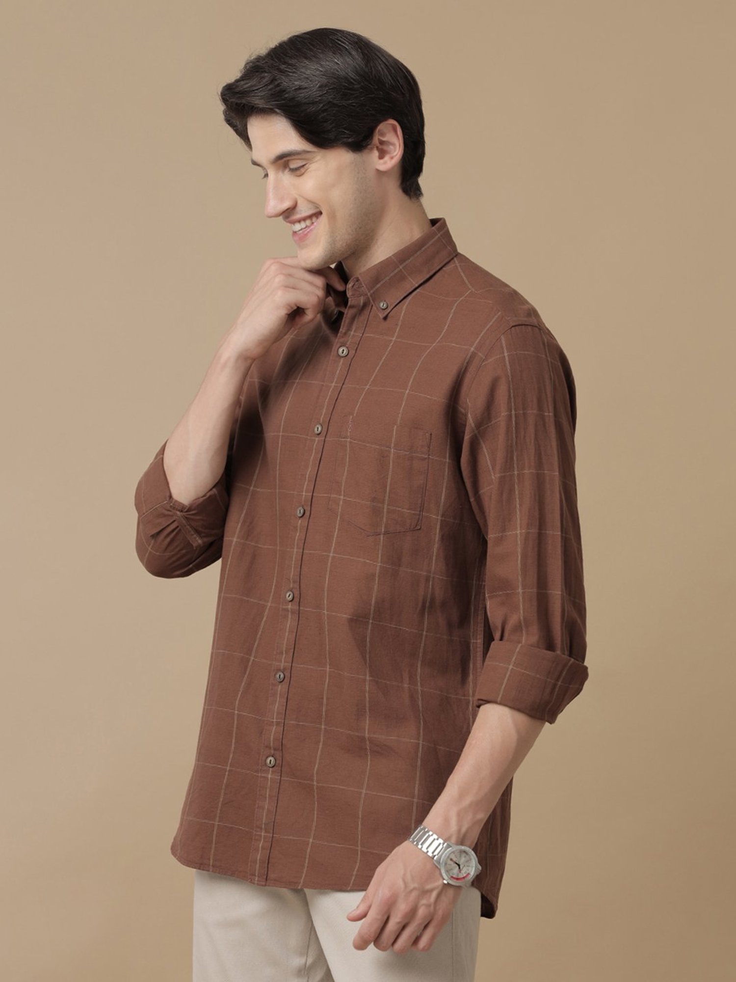 CAVALLO by Linen Club Brown Contemporary Fit Check Shirt