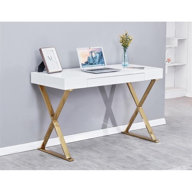 Modern Stainless Steel Frame Computer Desk - Gold High Gloss - Best Master Furniture