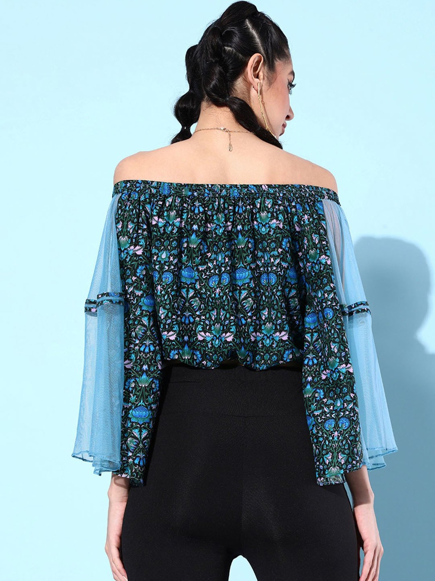 QUIERO Dark Blue Printed Crop Top