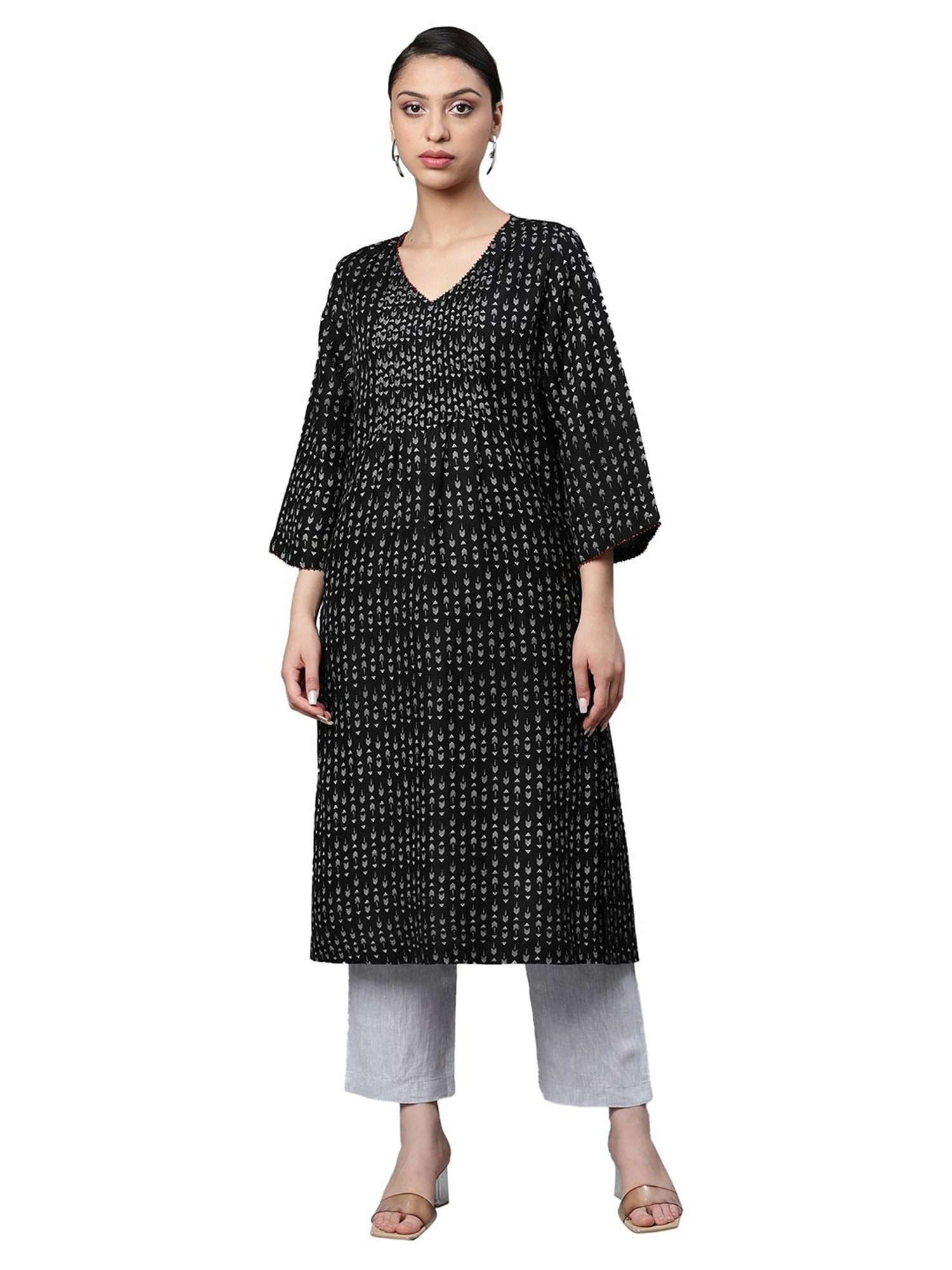 Linen Club Woman Black Printed A Line Kurta