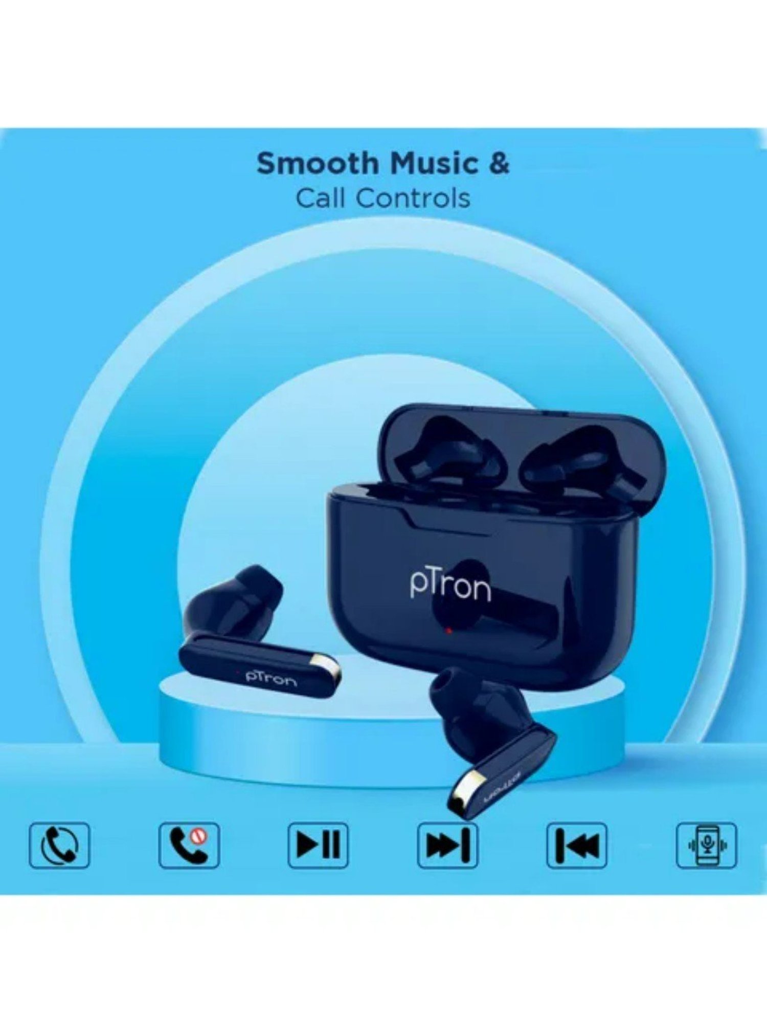 PTron Bassbuds Duo Bluetooth 5.1 Wireless Earbuds Stereo Audio Touch Control (Blue)