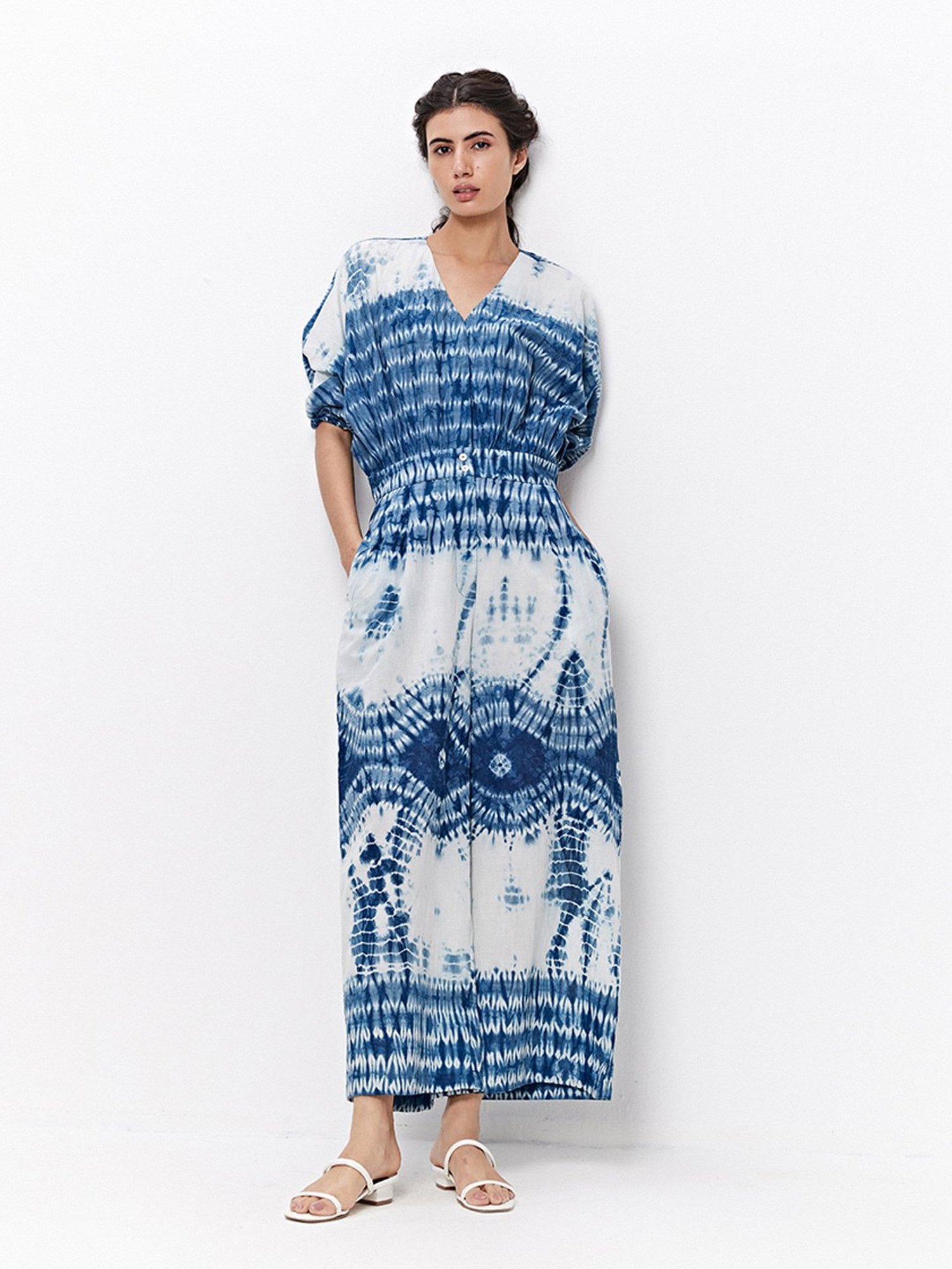 Ancestry Blue & White Cotton Printed Maxi Jumpsuit