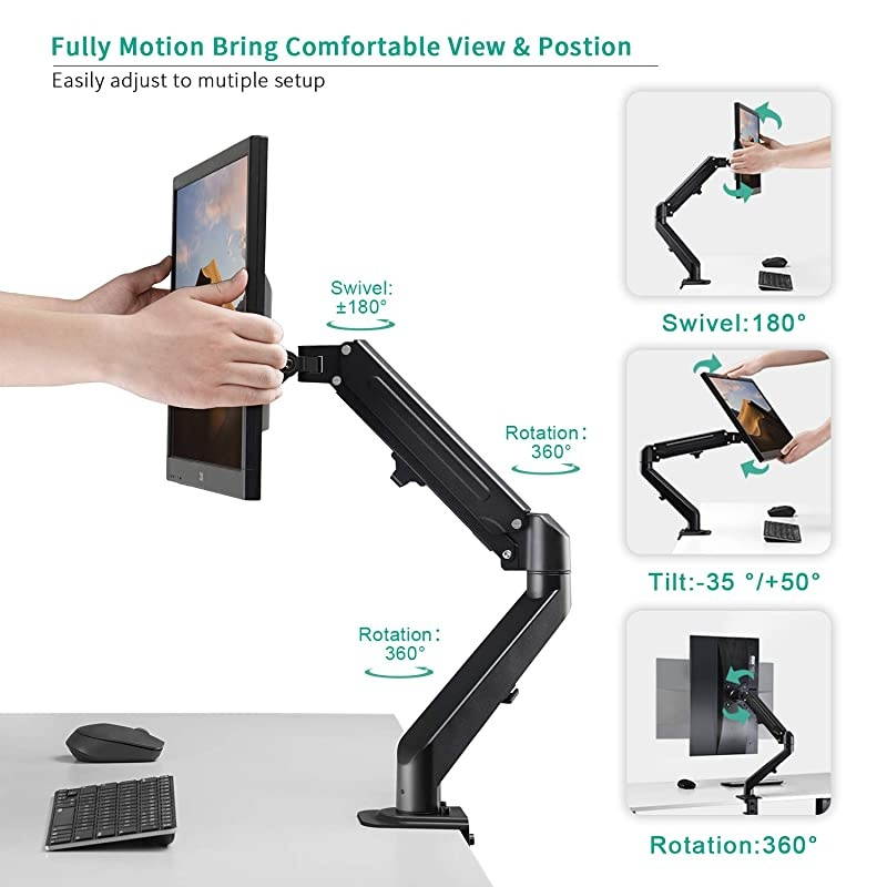 Single Monitor Stand Articulating Gas Spring Monitor Arm Adjustable VESA Mount Desk Stand with CClamp Installation Fits 17 to 27 inch LCD Computer Monitors up to 143lbs