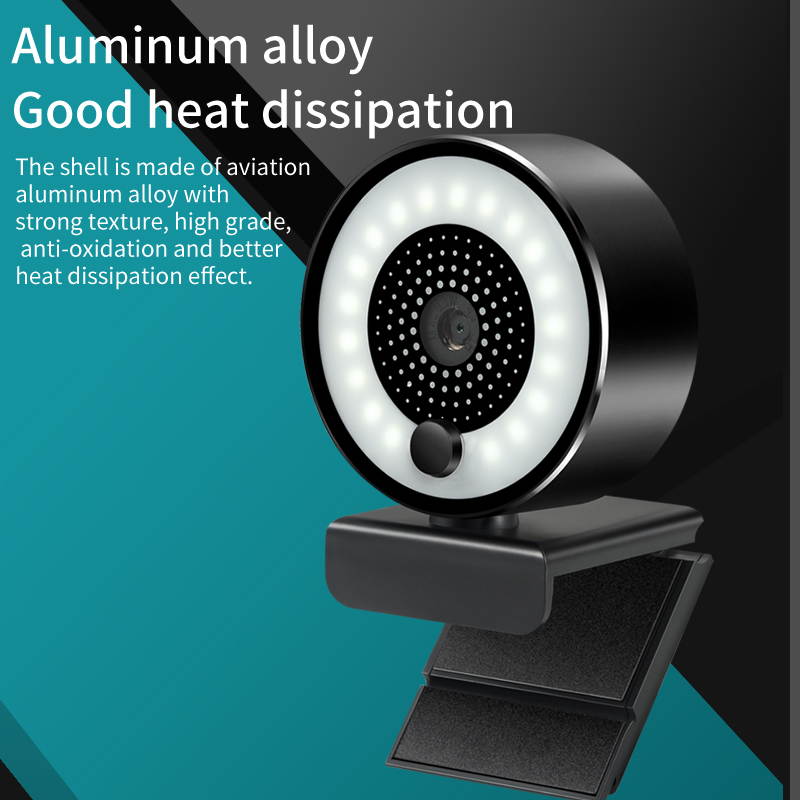 Webcam for PC, 2K HD Web Camera with Microphone and Ring Light, Wide Angle Web Cameras for Skype, Streaming, Teleconference, Video Chat, with Cover and Stand