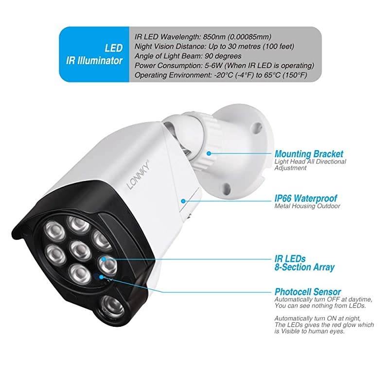 LED IR Illuminator Wide Angle 8-LEDs 90 Degree 100Ft IR Infrared Flood Light for CCTV Security Cameras, IP Camera, Bullet Camera, Dome Camera, Suitable for Outdoor Use(White)