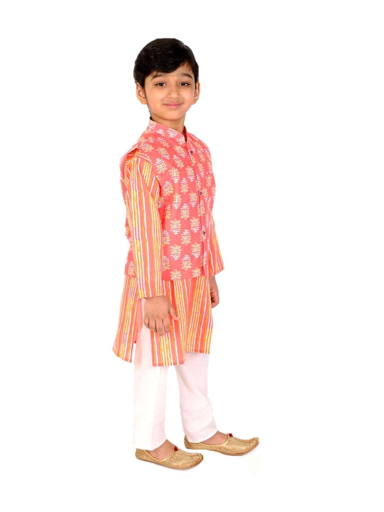 Ahhaaaa Kids Pink & White Cotton Floral Print Kurta Set