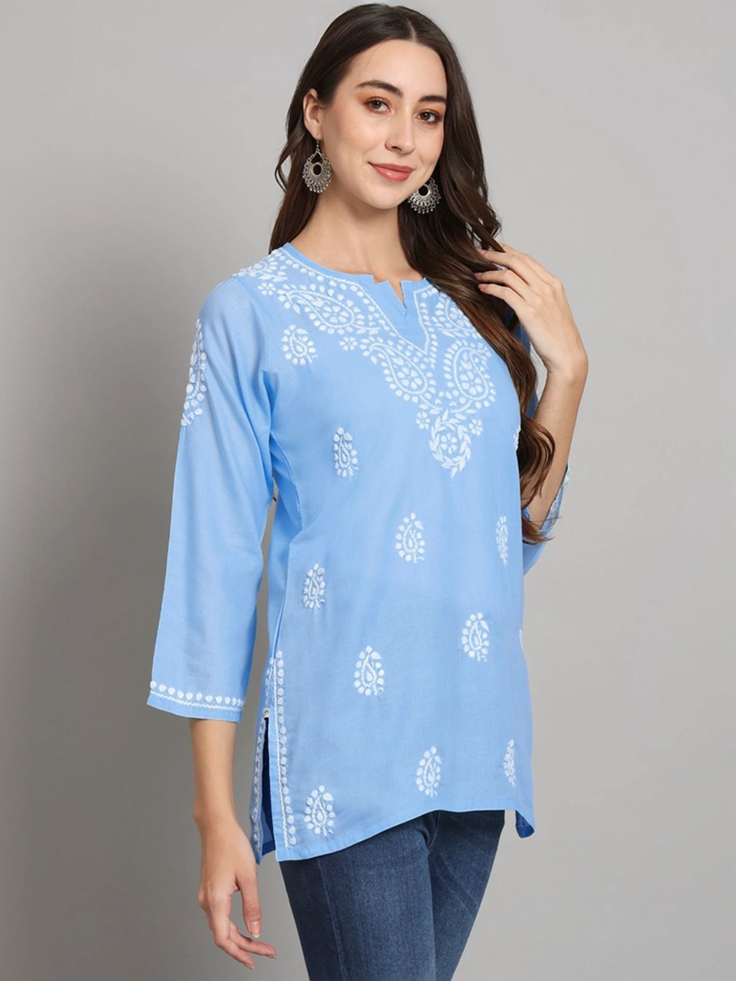 PARAMOUNT CHIKAN Sky Blue Cotton Hand Embroidered Chikankari Straight Kurti