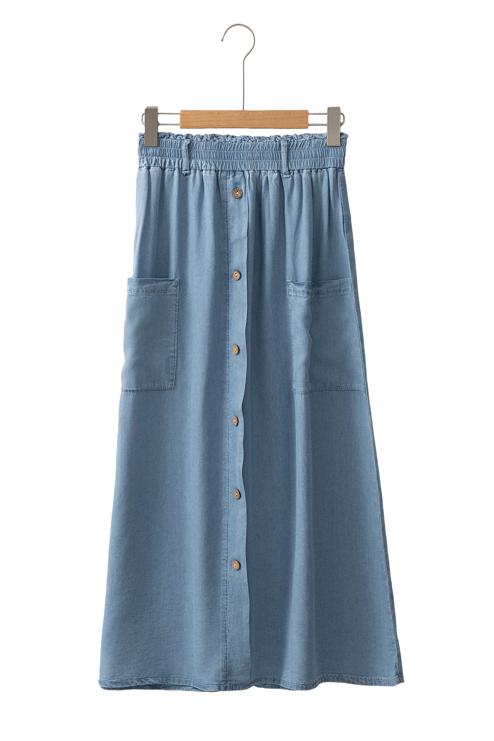 Beau Blue Buttoned Front High Waist Side Pockets Denim Maxi Skirt