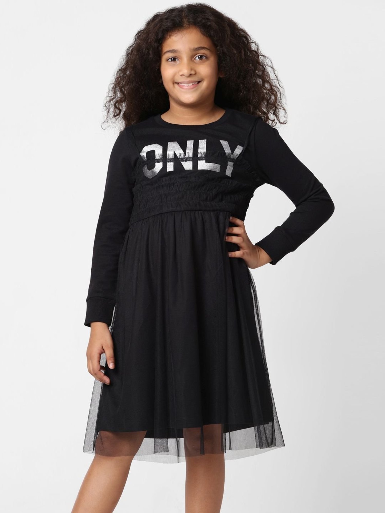 KIDS ONLY Anthracite Black Cotton Printed Full Sleeves Dress