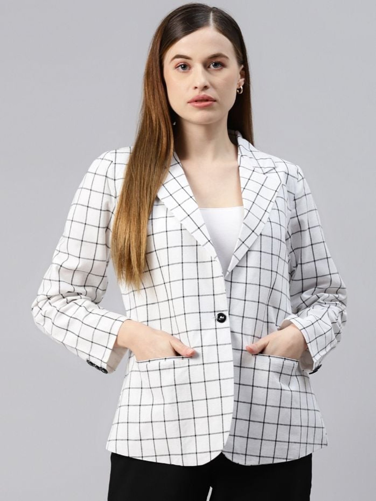Cottinfab White & Black Checkered Cotton Blazer