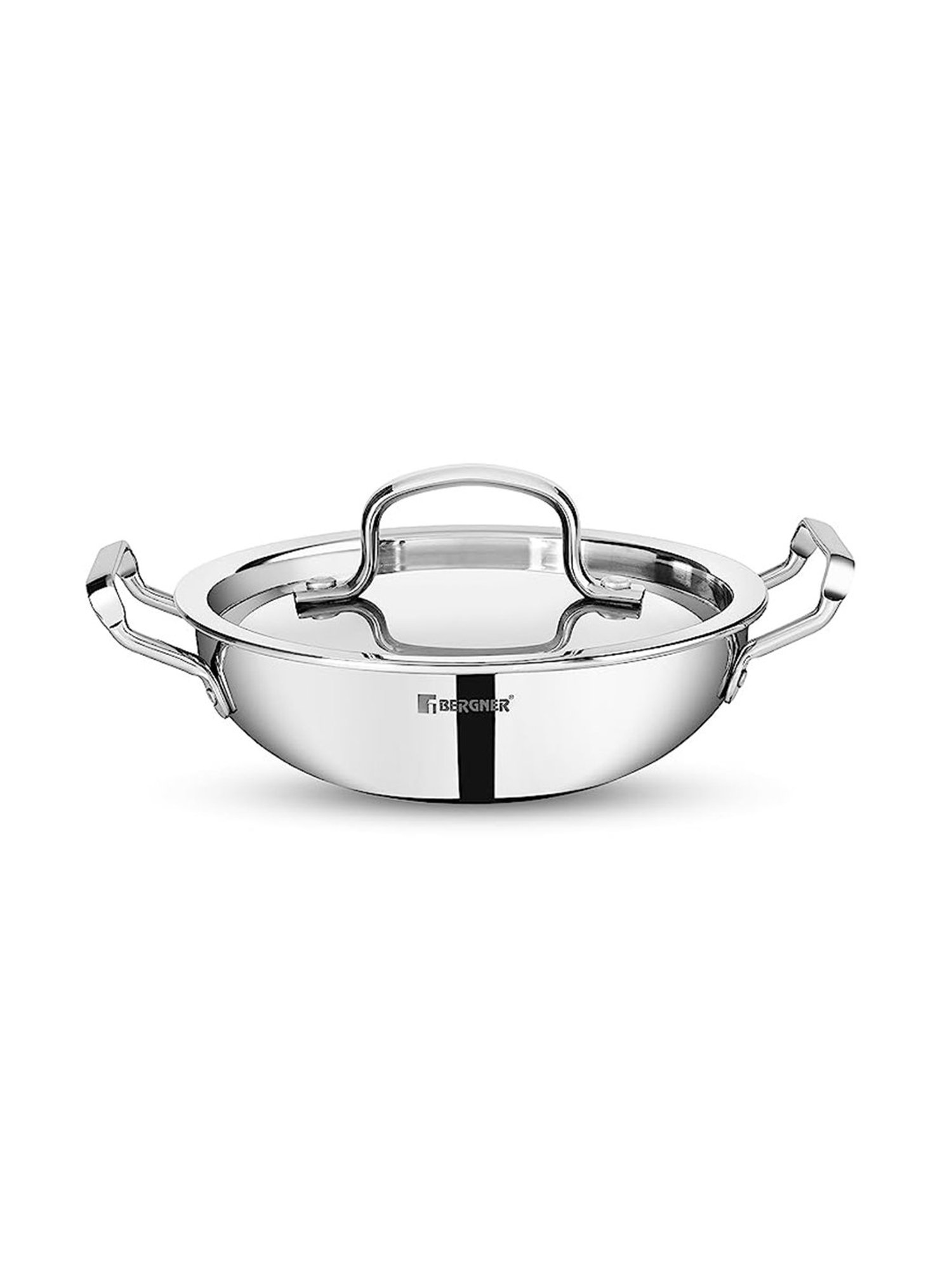 Bergner Tripro Silver Stainless Steel 24 cm Induction Friendly Triply Deep Kadai With Lid (3.1 L)
