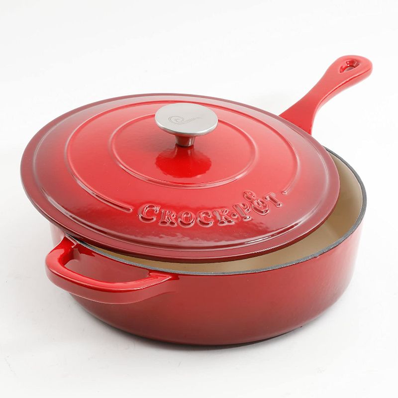 Crock-Pot Artisan 3.5 Quart Deep Low Maintenance Nonstick Enameled Cast Iron Cooking Saute Pan with Innovative Self Basting Lid, Red