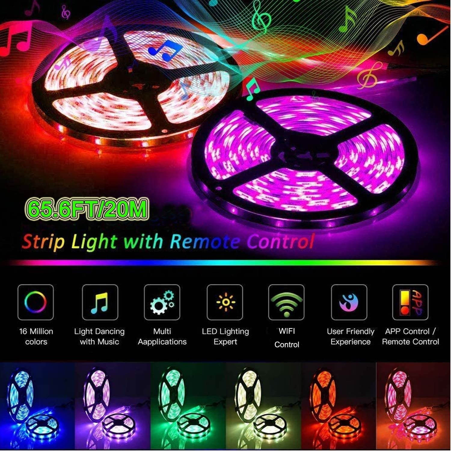 LuxLumin LED Strip Lights65.6ft LED Light Strip with Remote Music Sync WiFi APP Control Color Changing Light Strip RGB LED Strip Lights for BedroomWork with Amazon Alexa Google Assistant