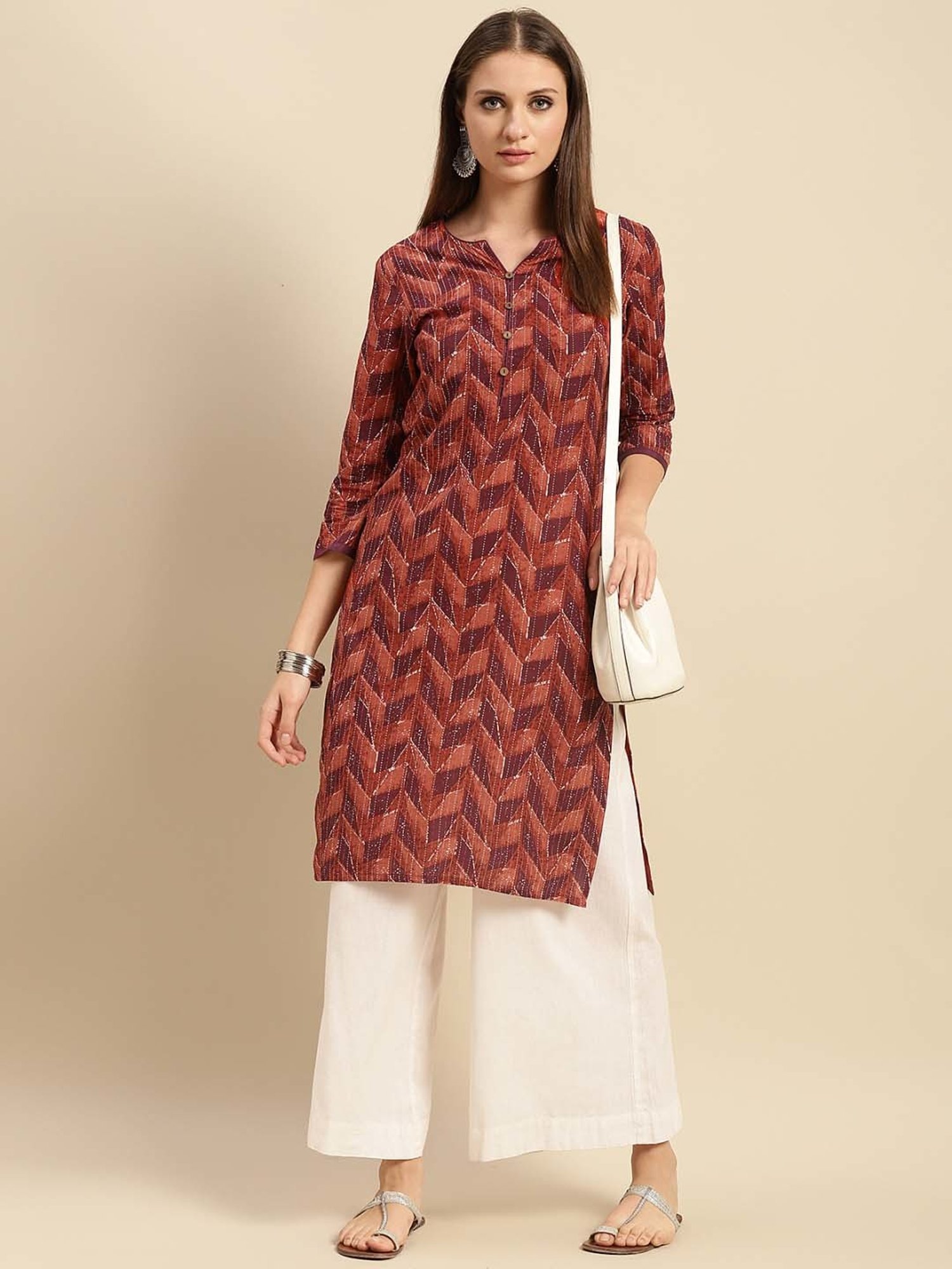 Rangita Pink & Brown Cotton Printed Straight Kurta - Pack Of 2