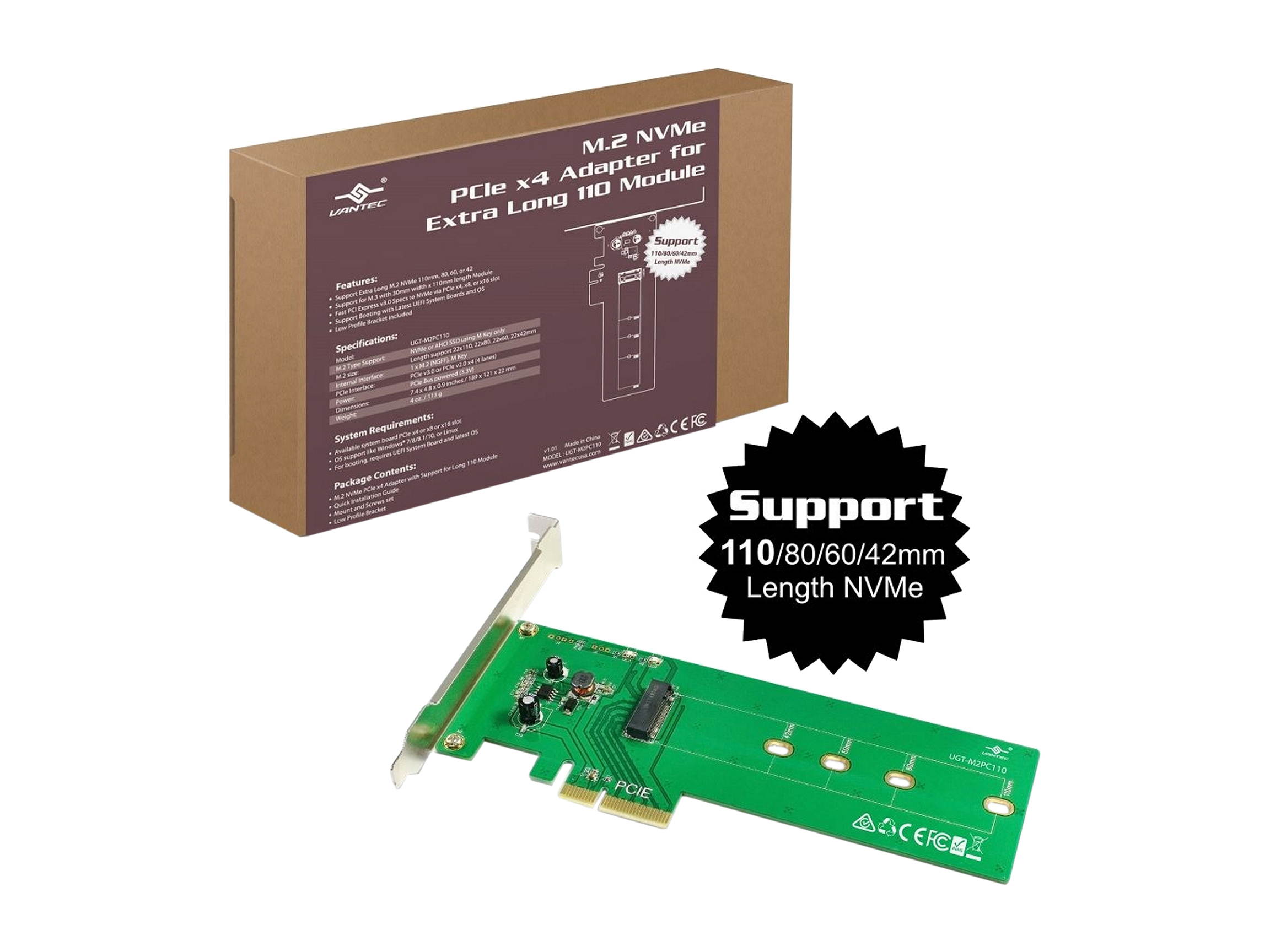 VANTEC UGT-M2PC110 M.2 NVMe PCIe X4 Adapter For Extra Long 110mm Module