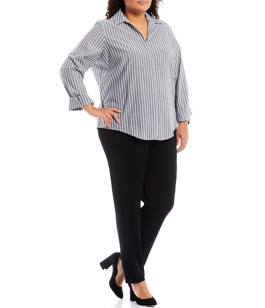Ming Wang Plus Size Contrast Stripe Classic Button-Up Point Collar Long Sleeve Cotton Shirt