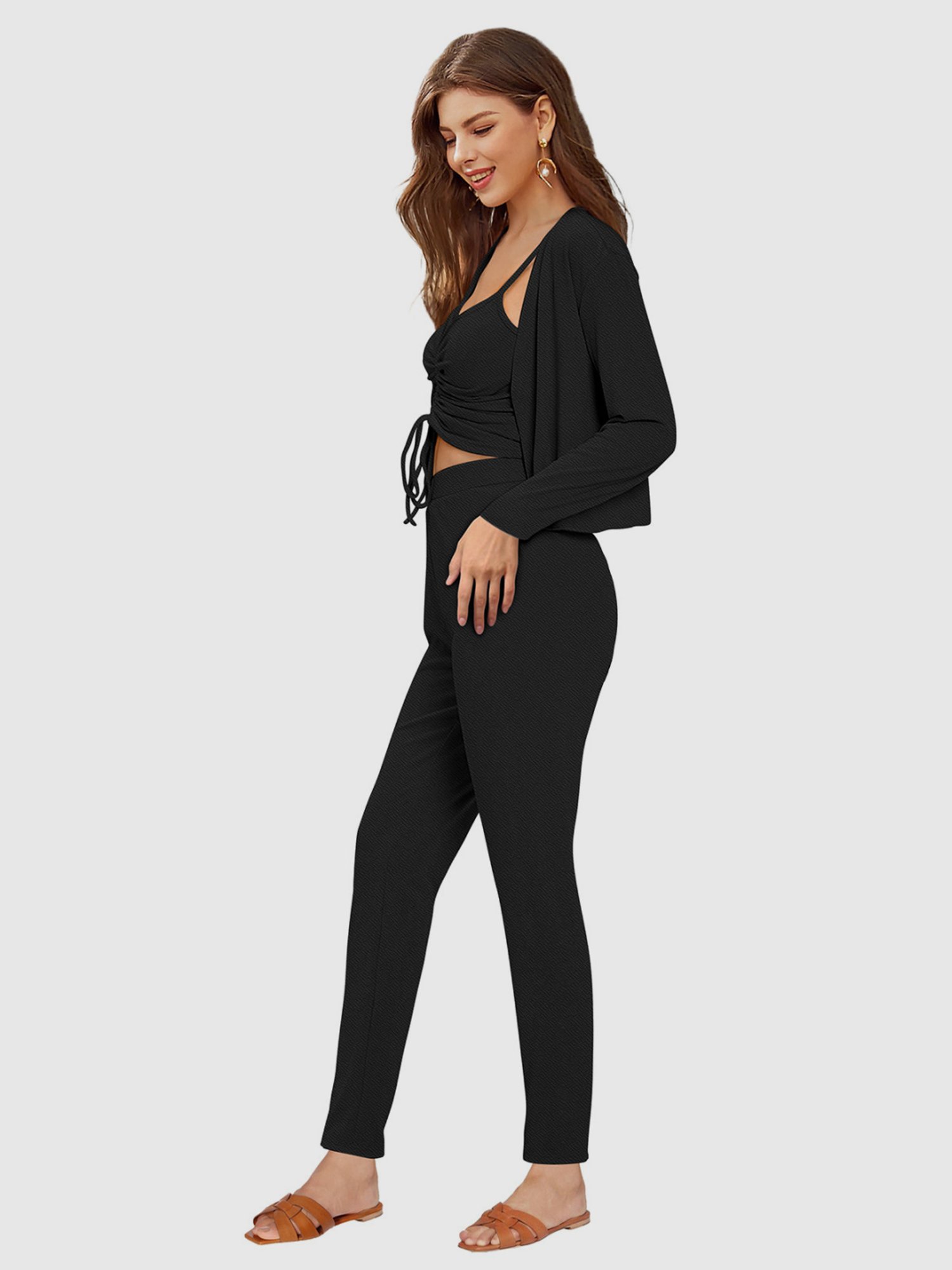 Odette Black Plain Crop Top Pant Set With Jacket