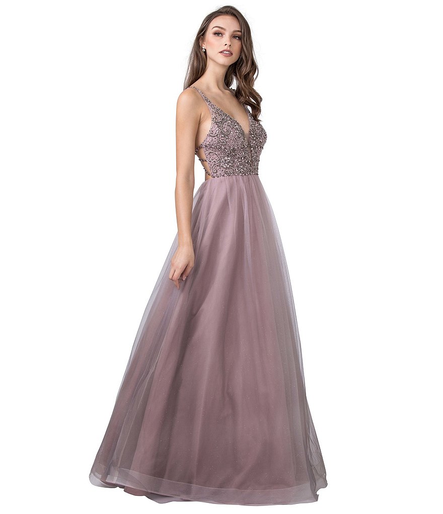 Coya Collection Spaghetti Strap Cage-Back Beaded Ombre Mesh Ball Gown