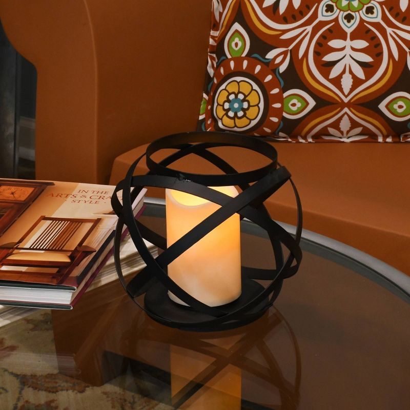 Large Banded Metal LED Lantern With Battery Operated Candle Black - LumaBase