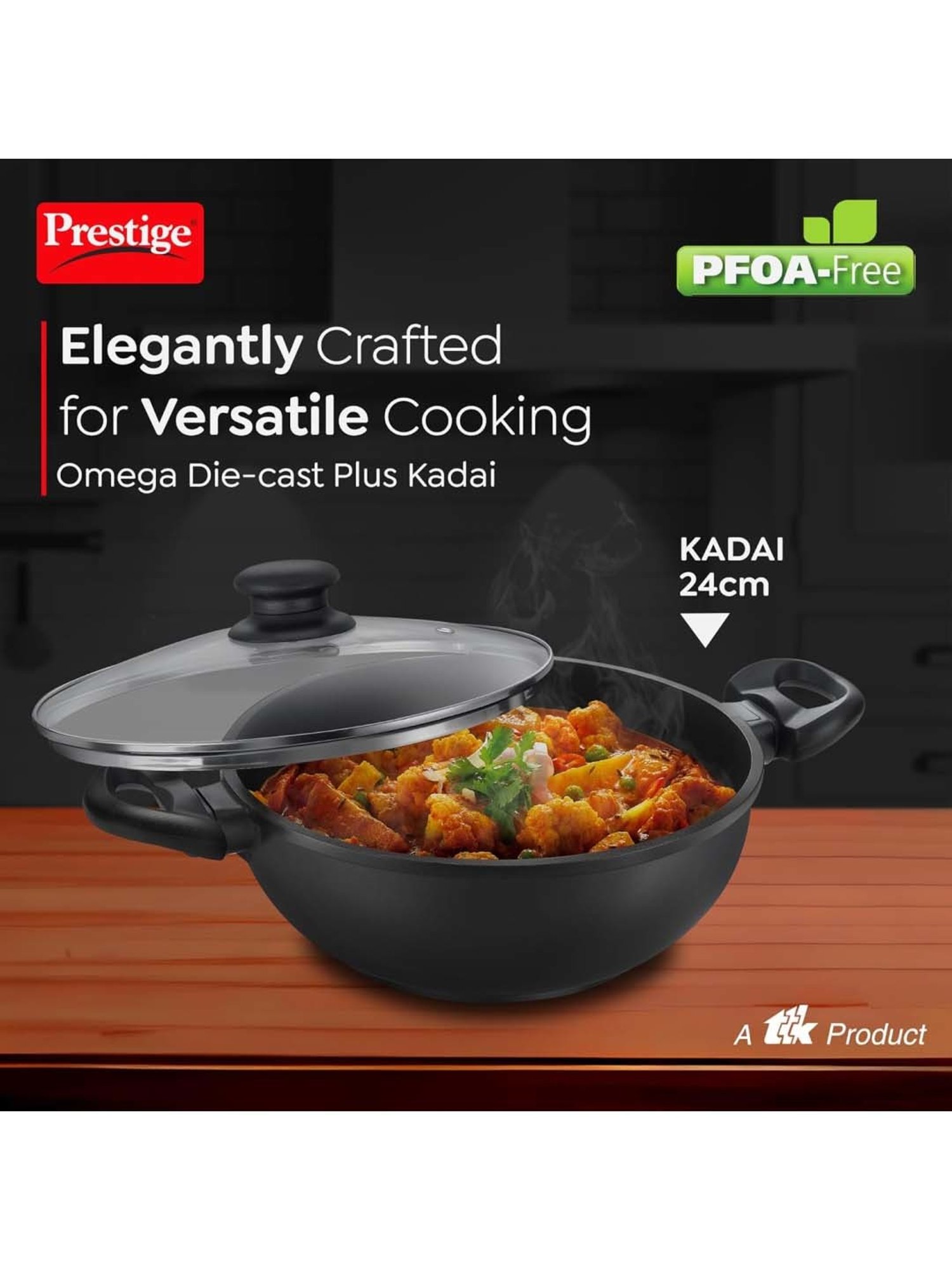 Prestige Omega Die Cast Black Aluminium 24 cm Kadhai with Lid