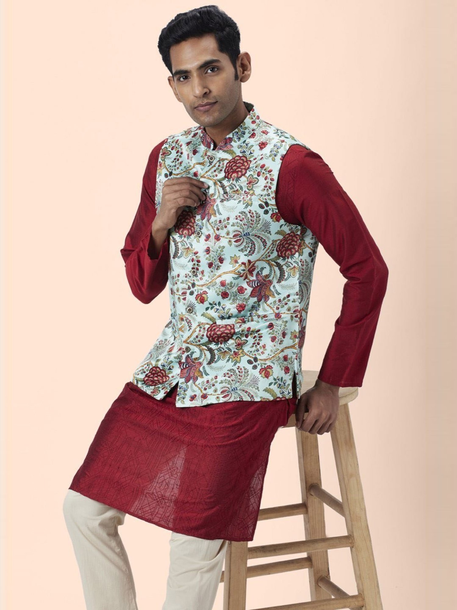 Indus Route By Pantaloons Pista Green Regular Fit Printed Nehru Jacket