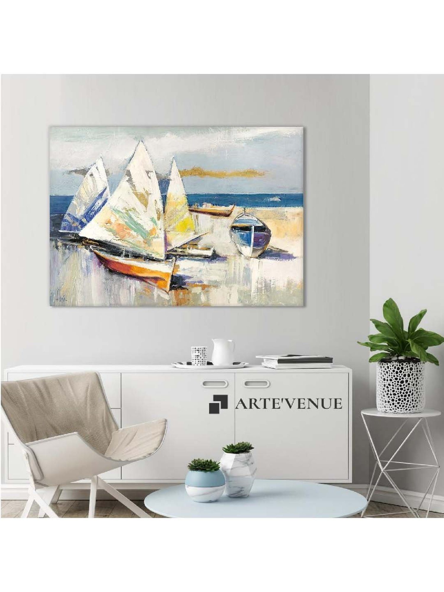 ARTE'VENUE Barche sulla spiaggia Beige & Blue Canvas Wall Art - Set of 1 (14 X 10 inch)