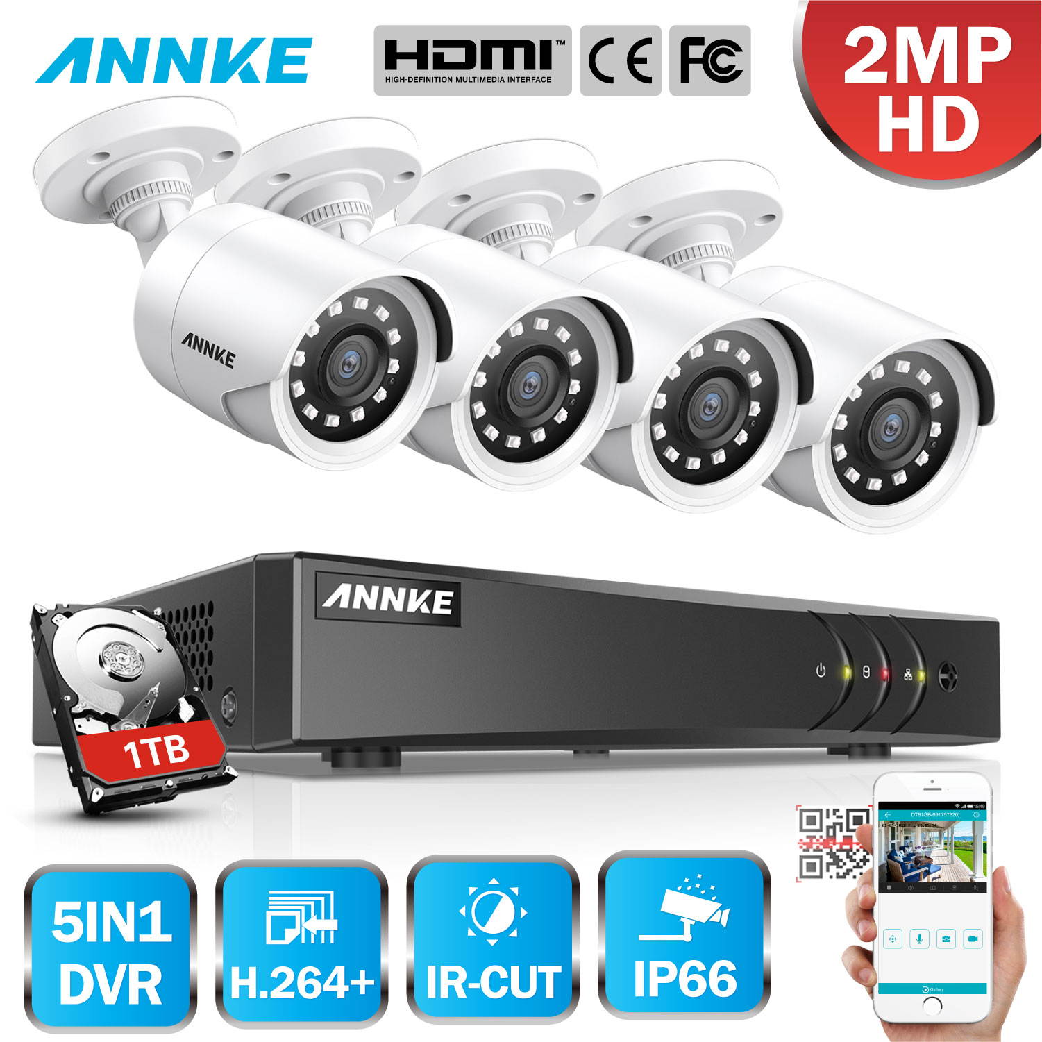 ANNKE 8CH Security Camera System HD-TVI 1080P Lite H.265+ DVR with 4&times;1080P HD Indoor/Outdoor Weatherproof CCTV Cameras, Motion Alert, Remote Access with 1TB HDD