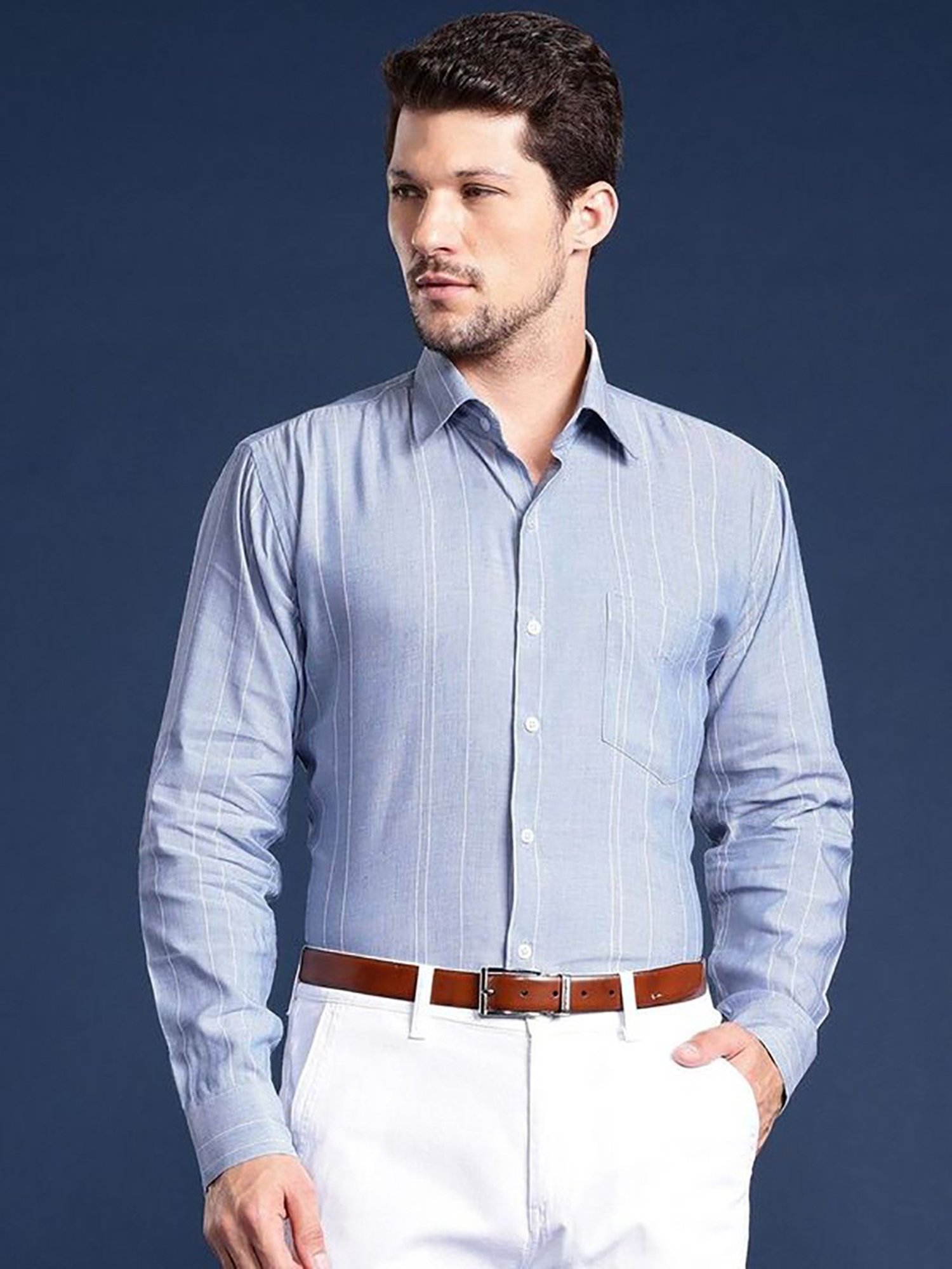 Hancock Blue Slim Fit Stripes Shirts