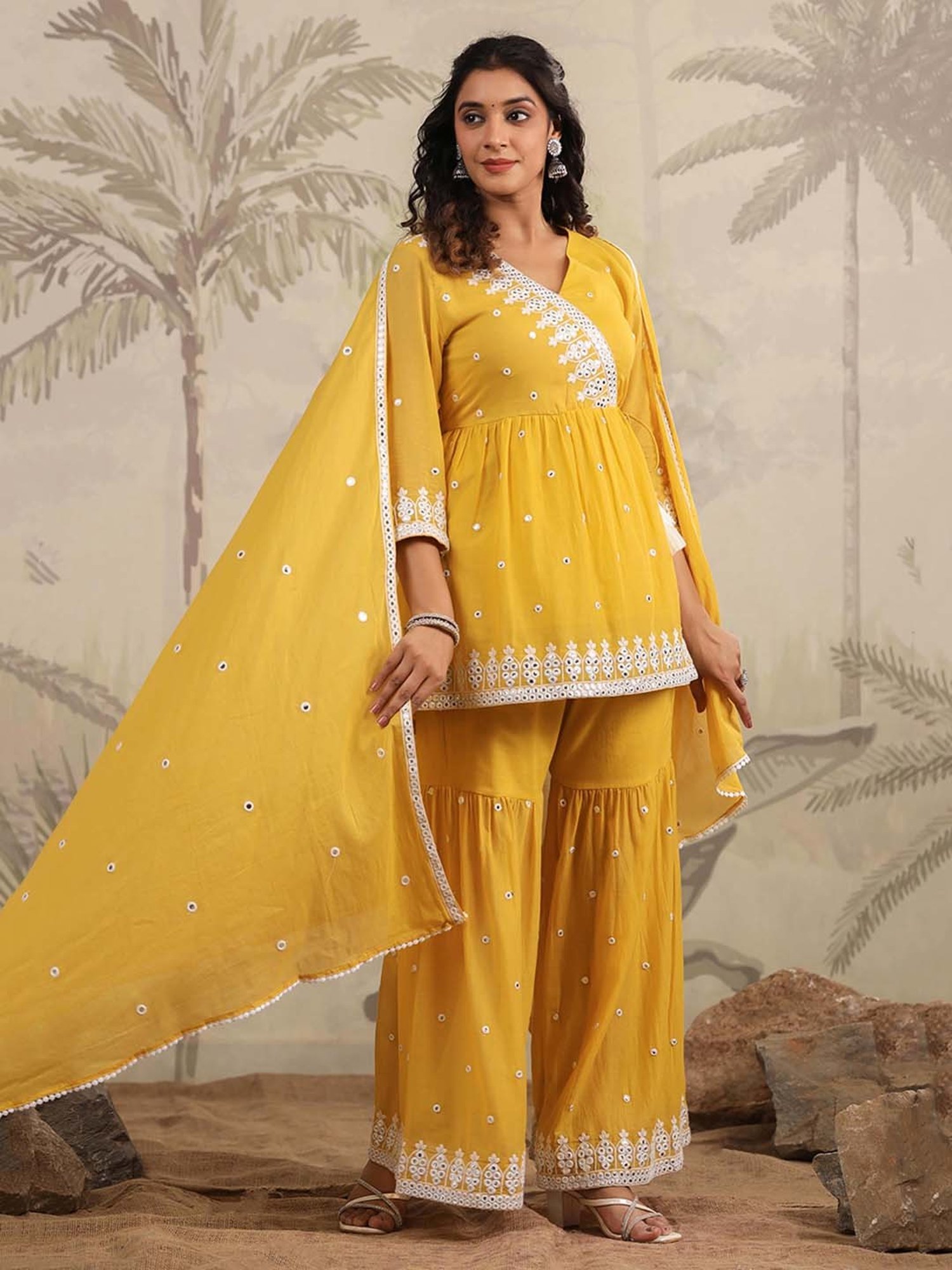 SCAKHI Yellow Embroidered Kurta With Sharara & Dupatta