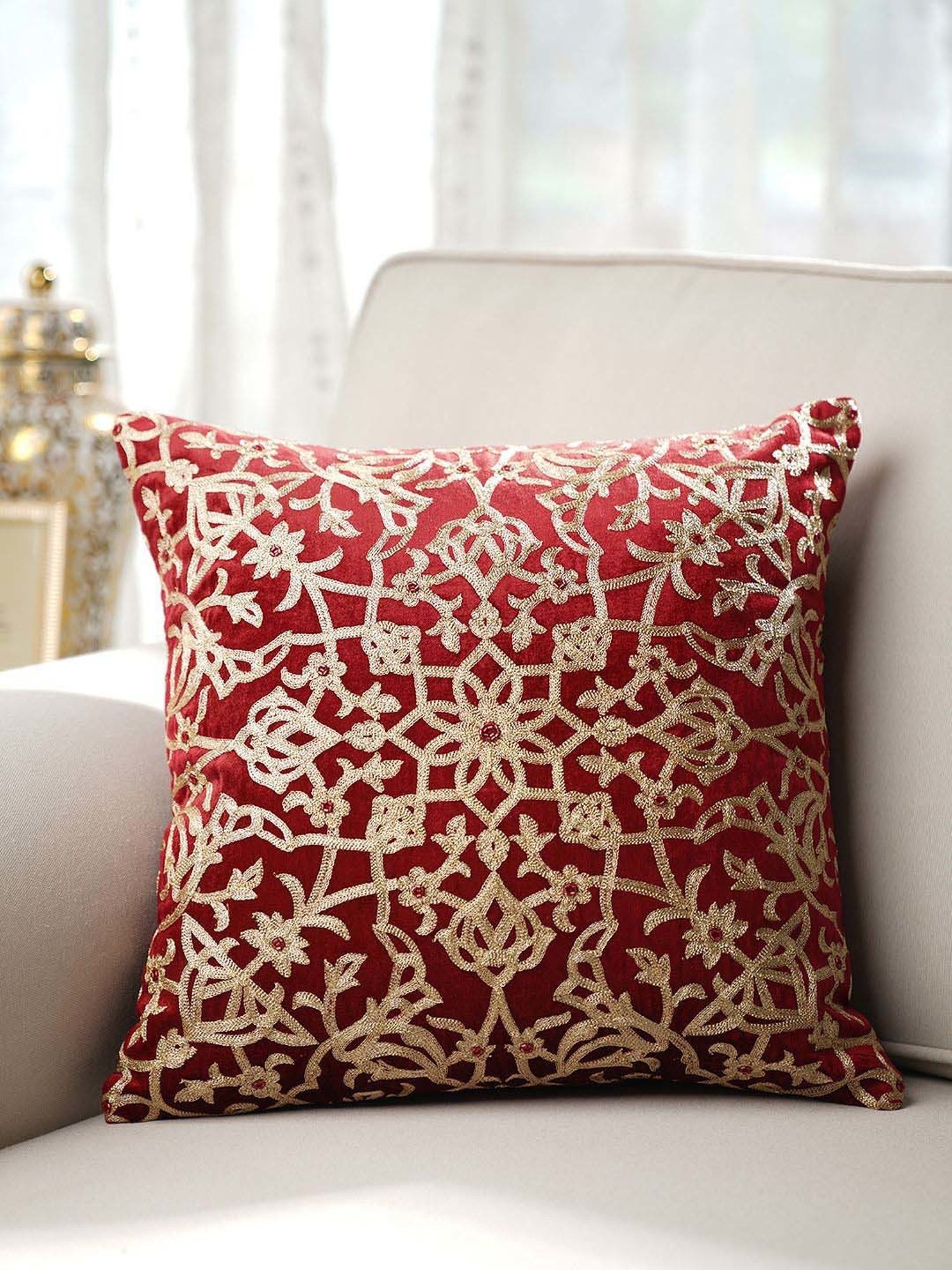 Pure Home and Living Red Cotton Embroidered Motif Cushion Cover