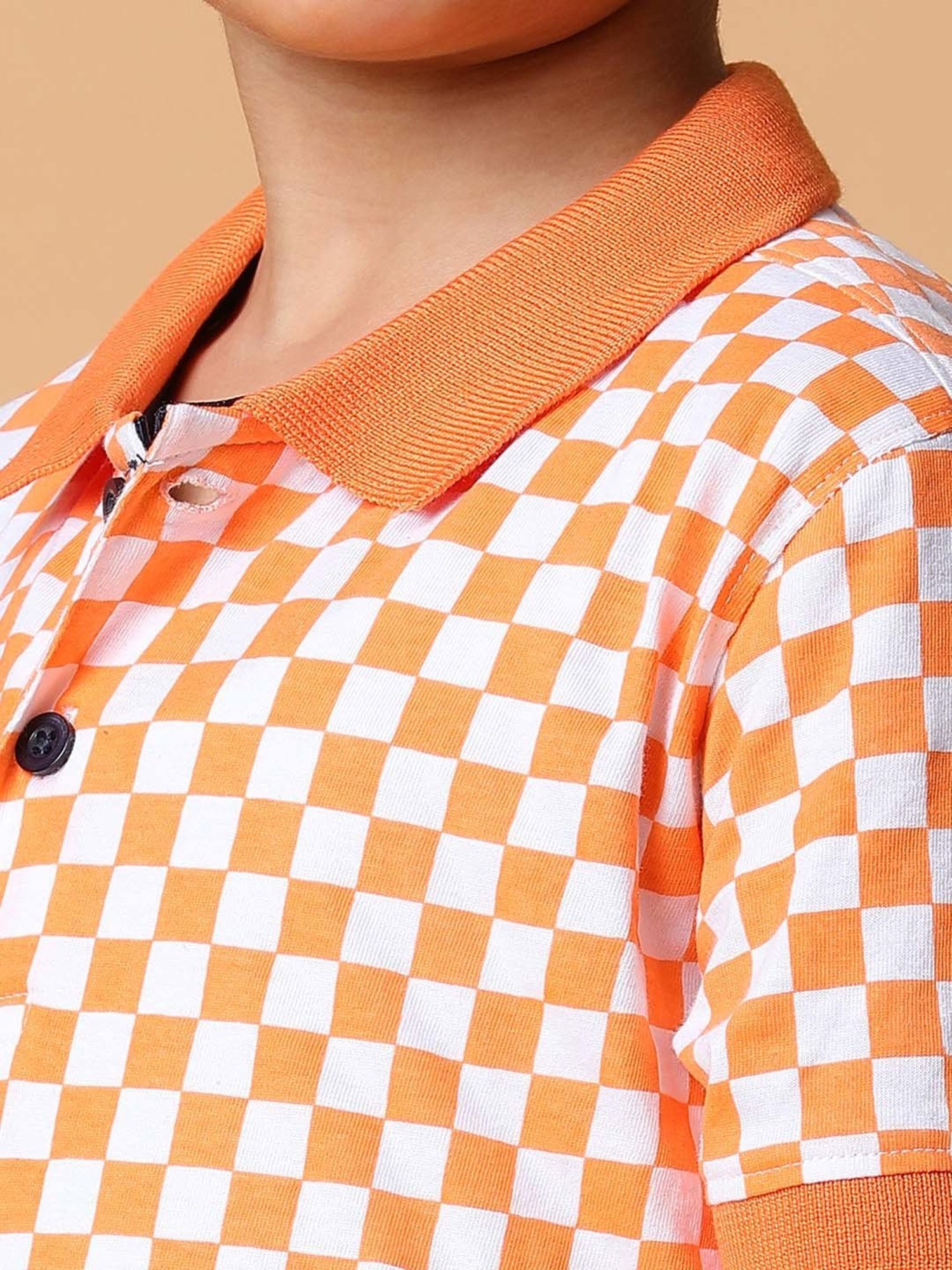 Tales & Stories Kids Orange & White Cotton Chequered Polo T-Shirt