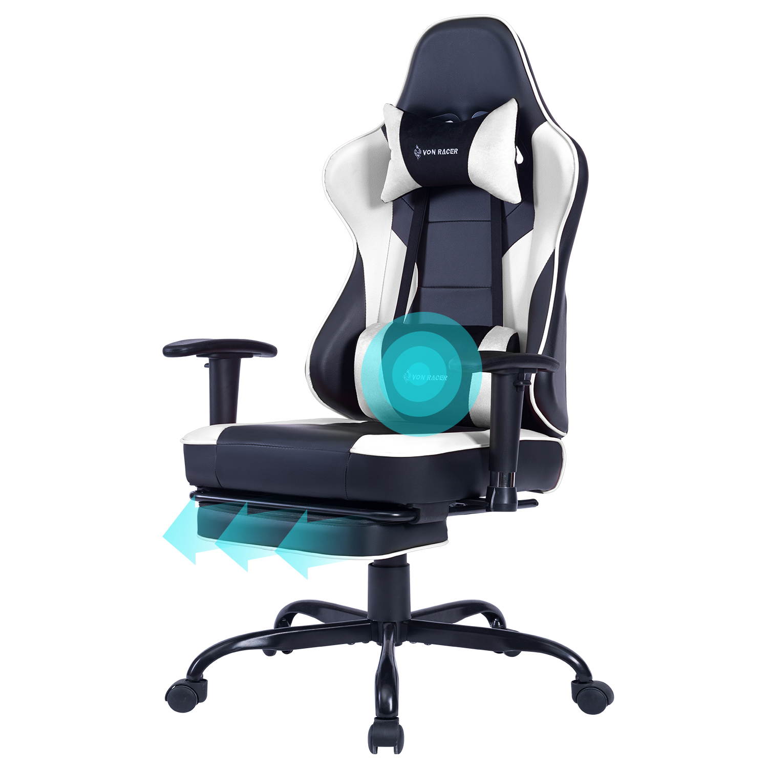 VON RACER Massage Gaming Chair - High Back Racing PC Computer Desk Office Chair Swivel Ergonomic Executive Leather Chair with Footrest and Adjustable Armrests(Grey)